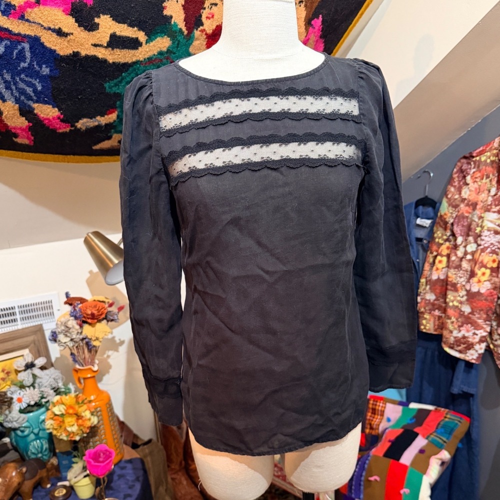 Reformation Black Lace Inset Long Sleeve‎ Blouse XS Made in USA Top